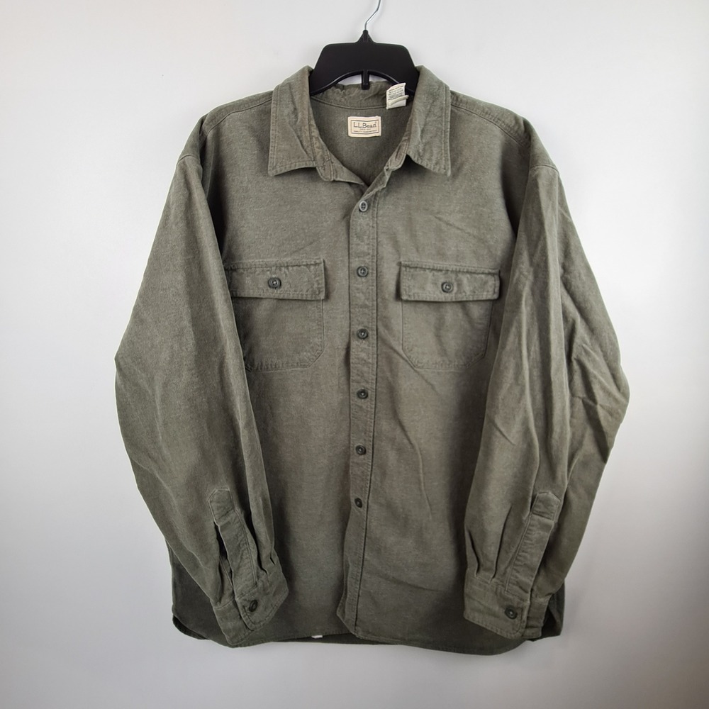 Vintage LL Bean Mens XL Olive Green Cotton Flannel Button Up Shirt 2001 Pocket